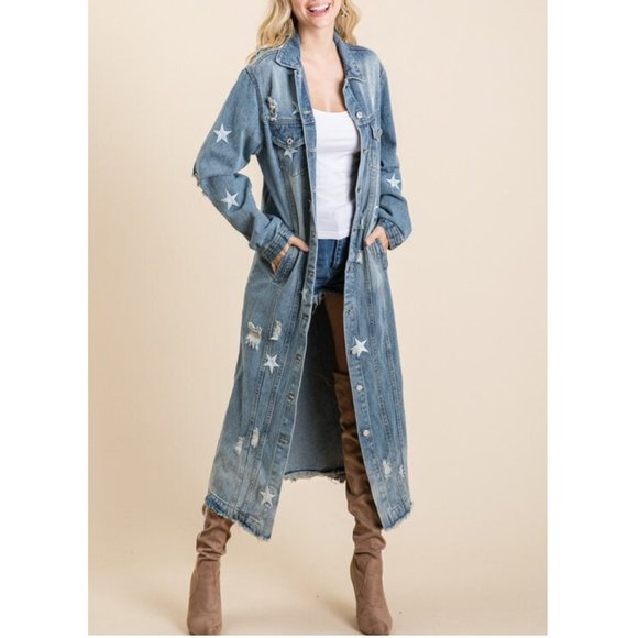 Star Distressed Long Maxi Denim Jean Jacket Coat - Picture 5 of 9
